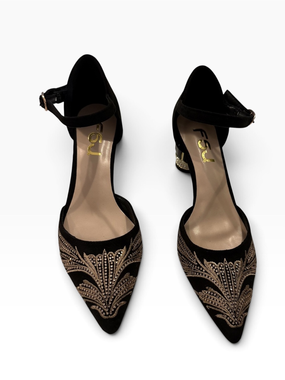FSJ Black Satin Embroidered Crystal Block Kitten Heels
